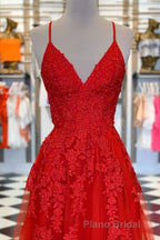 Elegant V Neck A-Line Red Appliqued Long Formal Prom Dresses