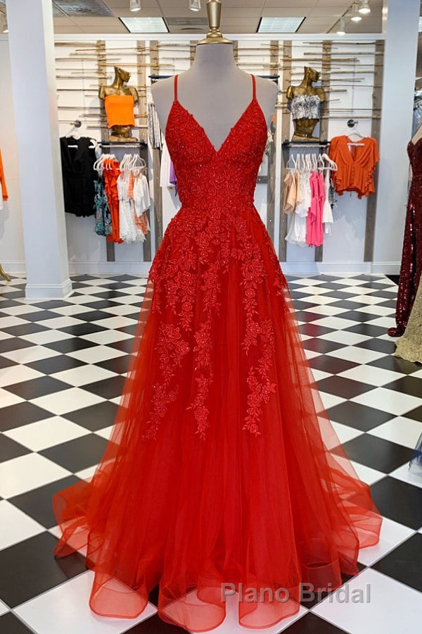Elegant V Neck A-Line Red Appliqued Long Formal Prom Dresses Secondary image