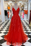 Elegant V Neck A-Line Red Appliqued Long Formal Prom Dresses
