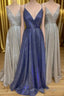 Sparkly V Neck Straps A-Line Long Formal Prom Dresses