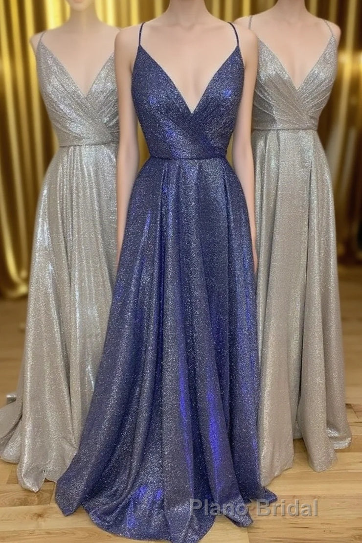 Sparkly V Neck Straps A-Line Long Formal Prom Dresses