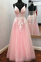 Elegant V Neck Lace-Up Back Pink Long Formal Prom Dresses with Appliques