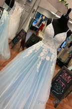 Elegant V Neck Lace-Up Back Pink Long Formal Prom Dresses with Appliques