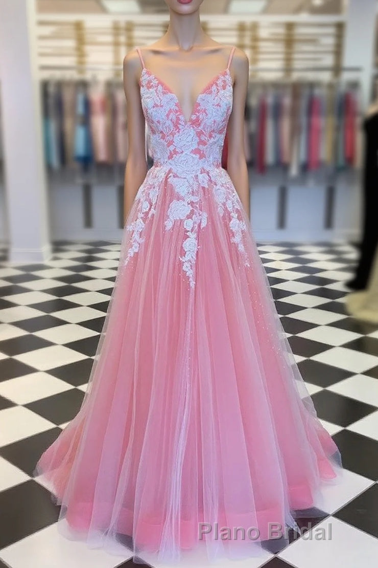Elegant V Neck Lace-Up Back Pink Long Formal Prom Dresses with Appliques