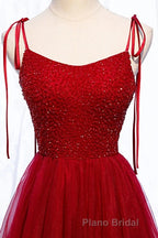 Straps Red Long Formal Prom Dresses with Beaded Bodice
