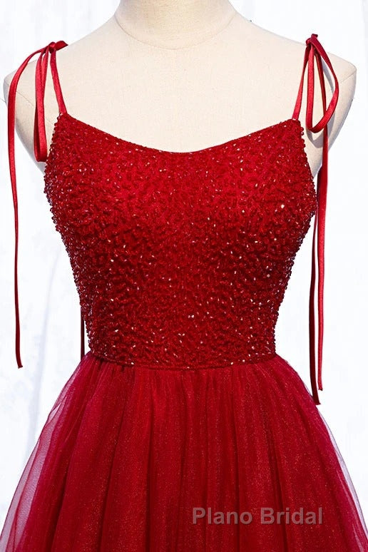 Straps Red Long Formal Prom Dresses with Beaded Bodice