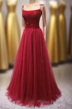 Straps Red Long Formal Prom Dresses with Beaded Bodice