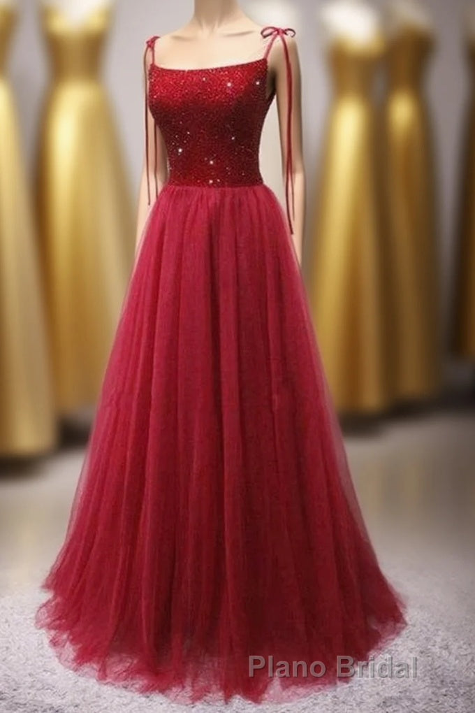 Straps Red Long Formal Prom Dresses with Beaded Bodice