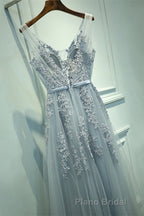 A-line Tulle Grey Long Formal Prom Dresses