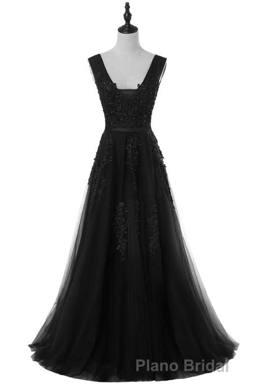 A-line Tulle Grey Long Formal Prom Dresses