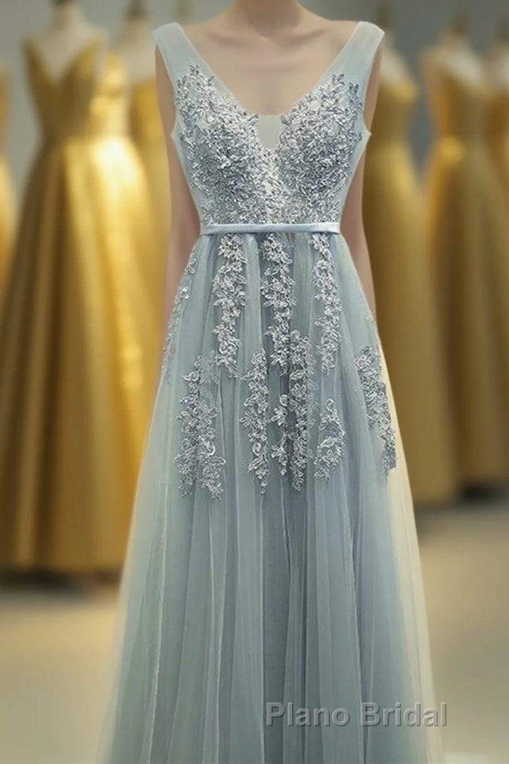 A-line Tulle Grey Long Formal Prom Dresses