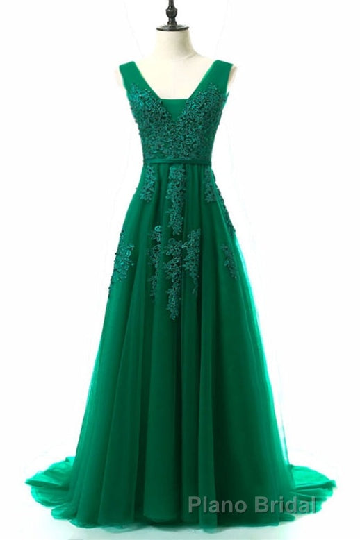 A-line Tulle Grey Long Formal Prom Dresses