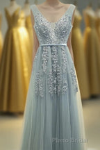A-line Tulle Grey Long Formal Prom Dresses