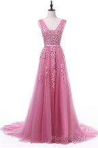 A-line Tulle Grey Long Formal Prom Dresses