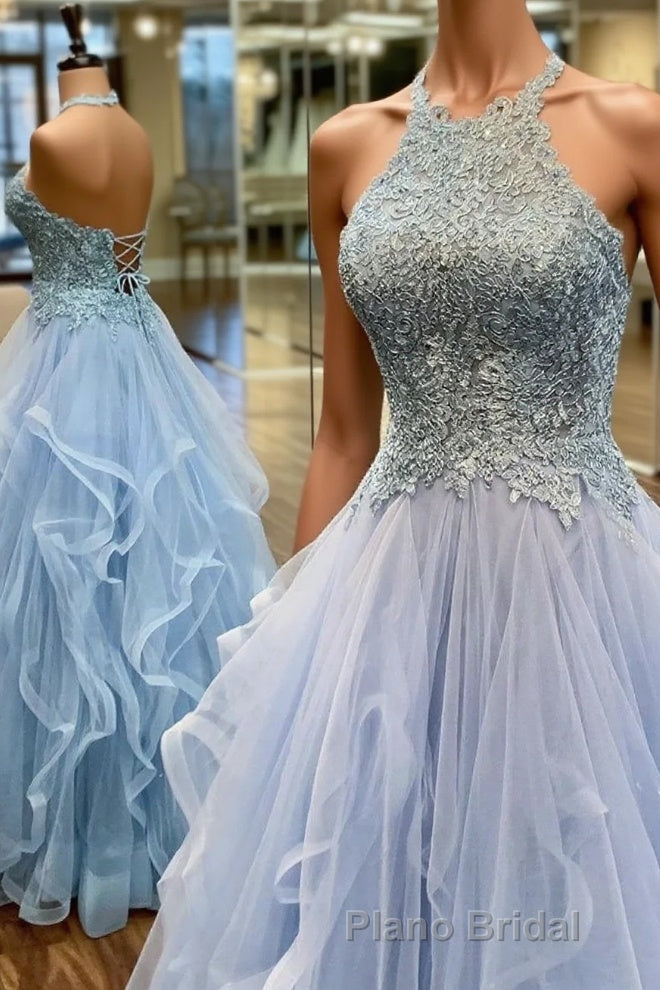 Elegant A-Line Halter Appliques Light Blue Formal Prom Dresses Main image