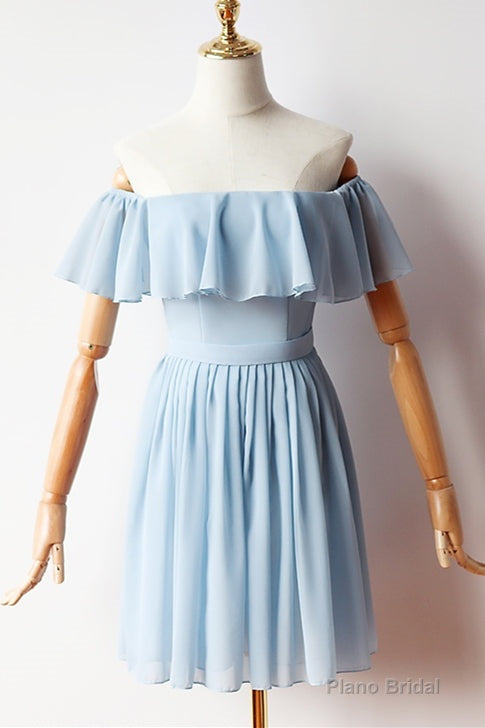 Off the Shoulder Blue Chiffon Short Dress