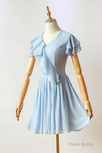 Flutter Sleeves Blue Chiffon Short Homecoming Dress