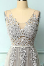 A-line Low V-Back Grey Bridesmaid Dress with Lace