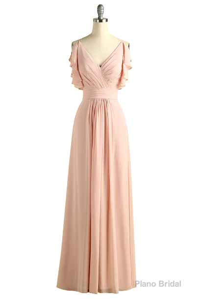 Elegant V Neck Pleated Pink Bridesmaid Dress with Ruffles Main image
