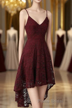 Spaghetti Strap High-Low Burgundy Lace Bridesmaid Dresses