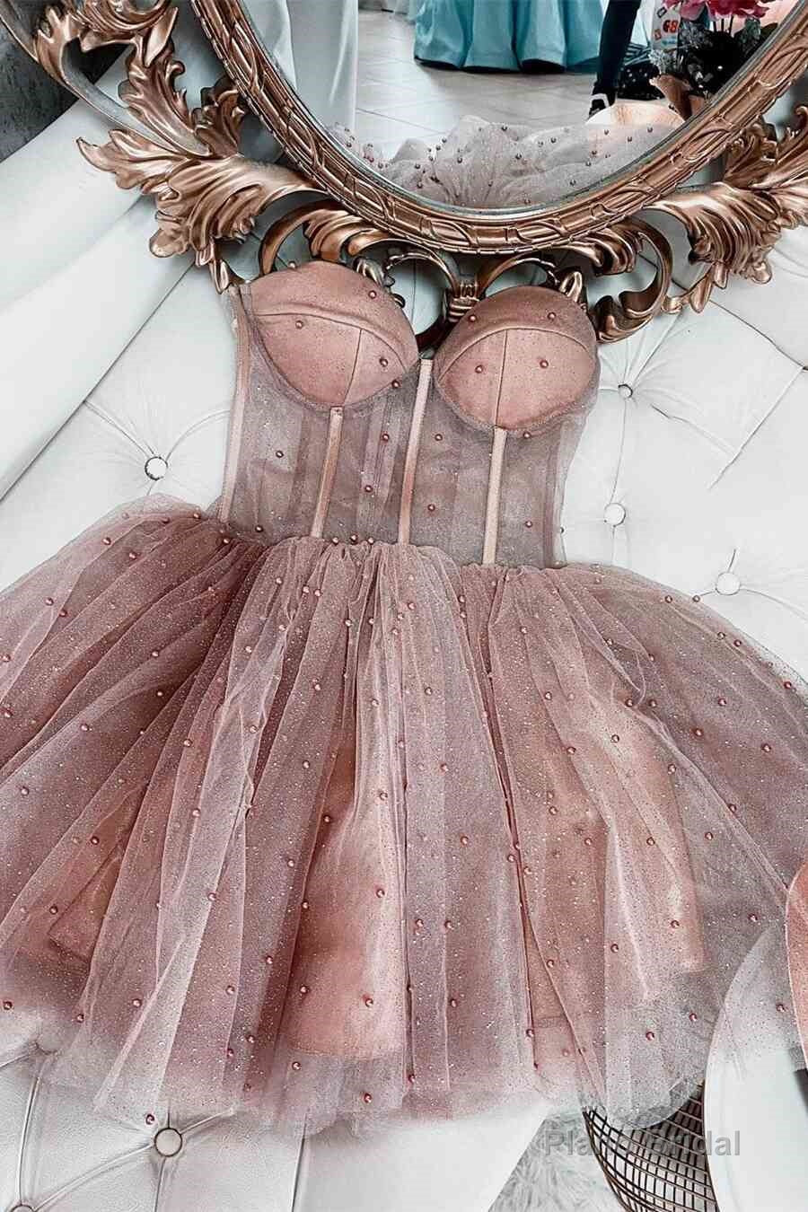 Sparkly Beaded Strapless Dusty Rose Homecoming Dress Main image