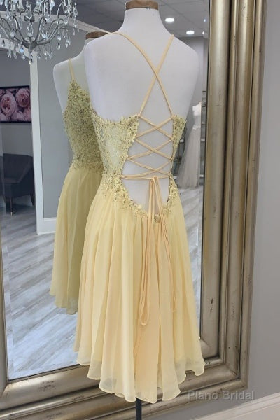 V-Neck Yellow beaded Lace Applique Homecoming Dress Secondary image