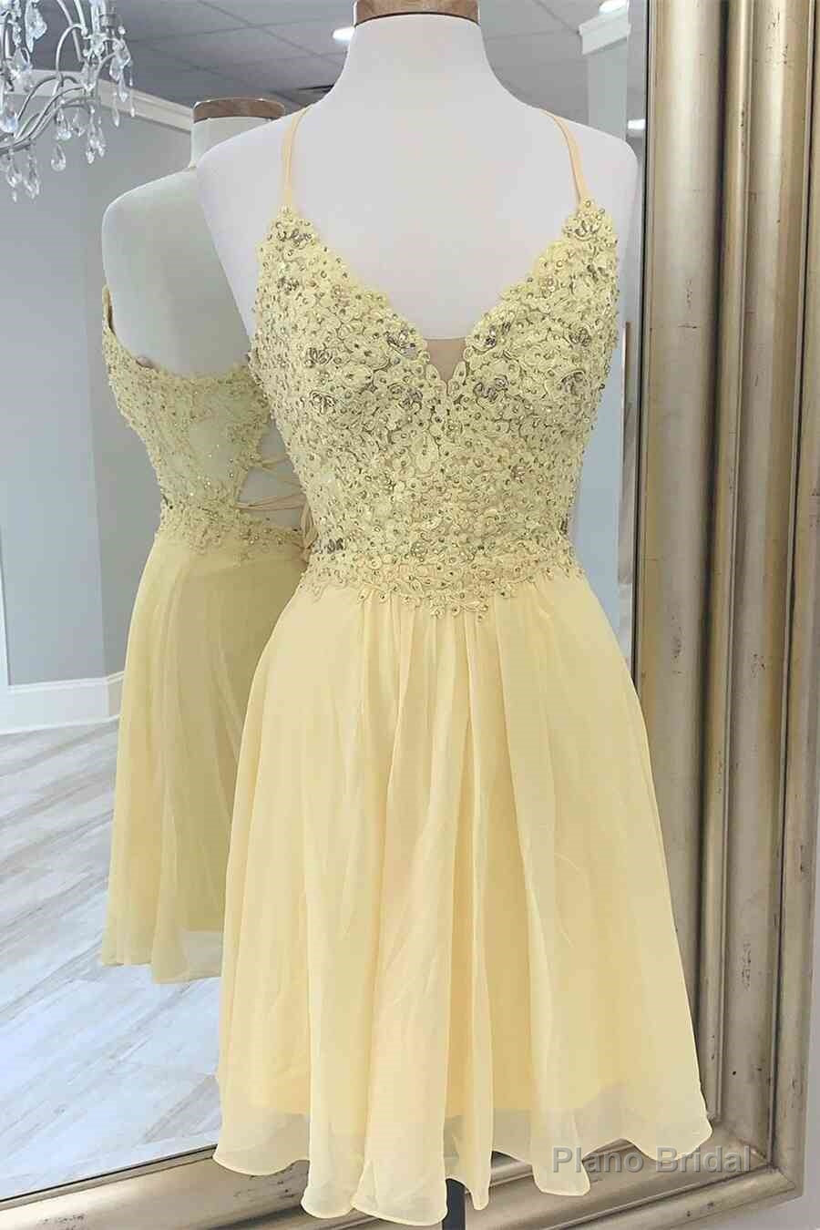V-Neck Yellow beaded Lace Applique Homecoming Dress Main image