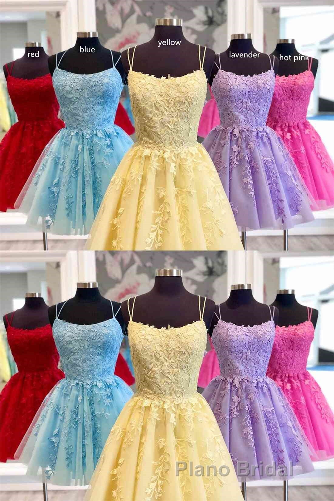Straps Lace Applique Blue Homecoming Dresses
