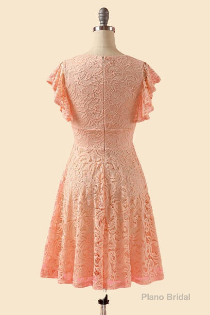 A-Line V-Neck Lace Peach Pink Bridesmaid Dress Secondary image