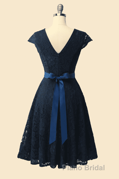 A-Line Cap Sleeve Navy Blue Bridesmaid Dresses with Belt