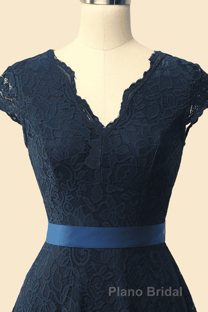 A-Line Cap Sleeve Navy Blue Bridesmaid Dresses with Belt