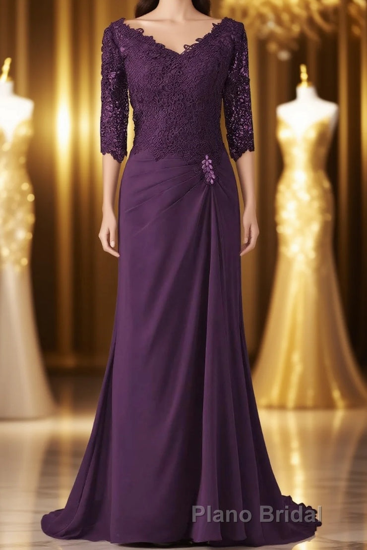 V-Neck Half Sleeve Plum Mother of Bridal Dresses