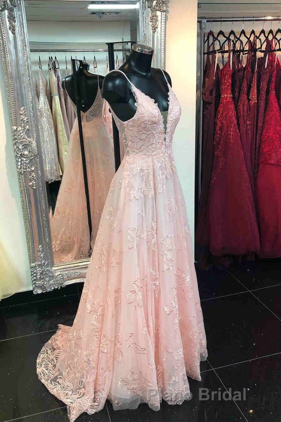 Deeep V-neck Embroidery Pink Long Formal Prom Dresses Secondary image
