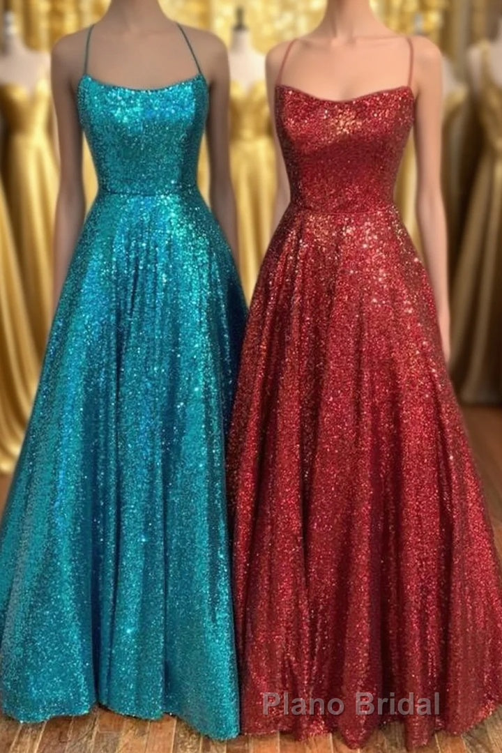 Princess A-line Sequins Long Formal Prom Dresses