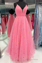 Princess A-line Hot Pink Tulle Long Prom Dress