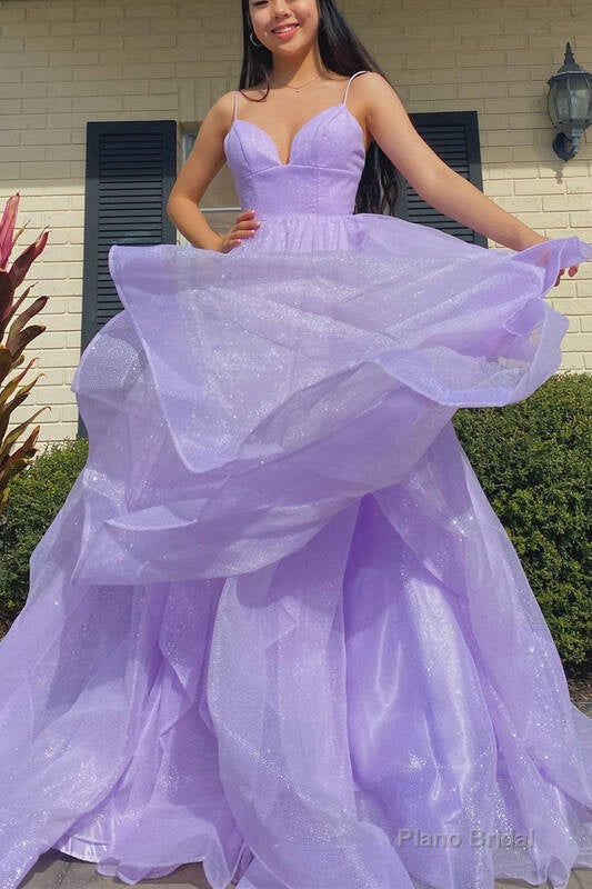 Princess Lavender Tiered Spaghetti Straps Long Prom Dress Main image