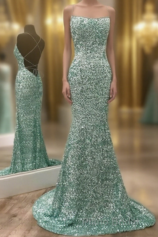 Mint Green Sparkly Chic Long Formal Evening Dresses Mermaid Formal Prom Dresses