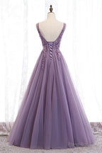 Elegant Lilac V-Neck Appiques Long Prom Dress