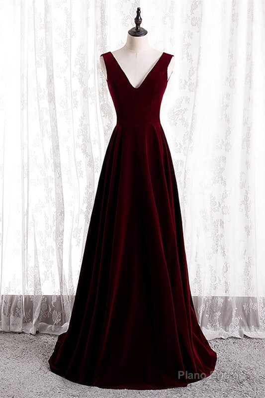 Burgundy V-Neck Velvet Formal Dress Secondary image