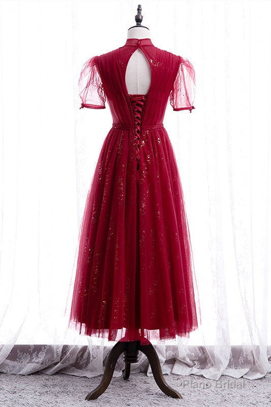 Elegant Puff Sleeeves Red Tulle Prom Dress Secondary image