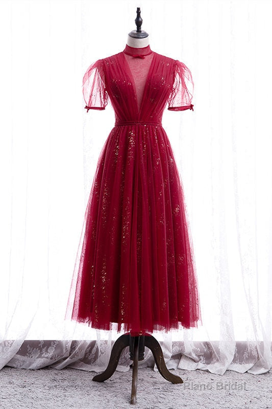 Elegant Puff Sleeeves Red Tulle Prom Dress Main image