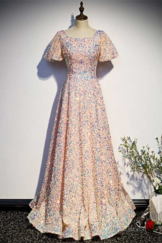 A-Line Sequined Pink Long Prom Dress Main image