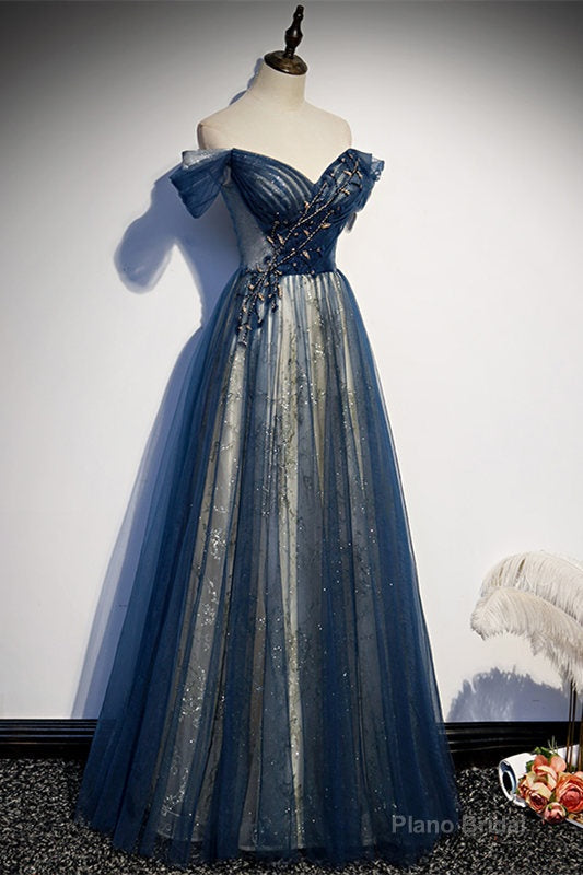 A-Line Off the shoulder Navy Blue Formal Dress Secondary image