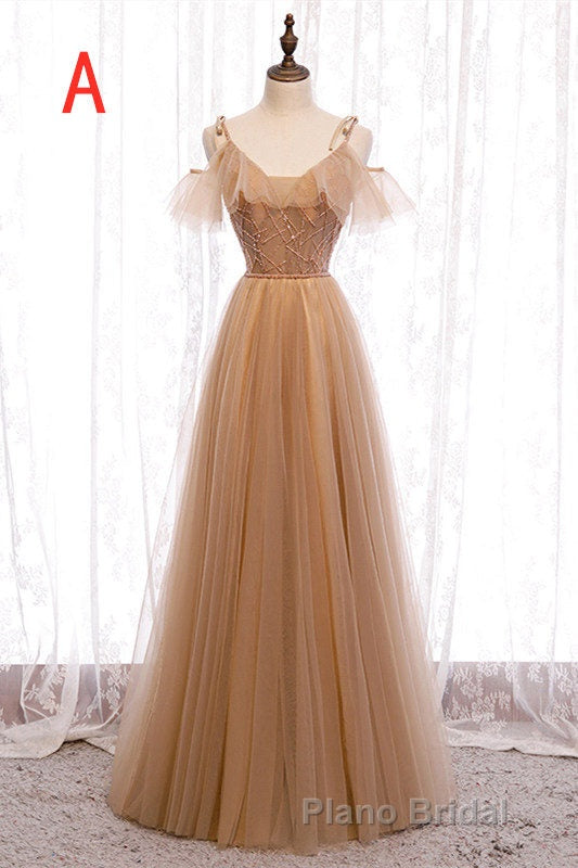 A-Line Beaded Champagne Tulle Bridesmaid Dresses