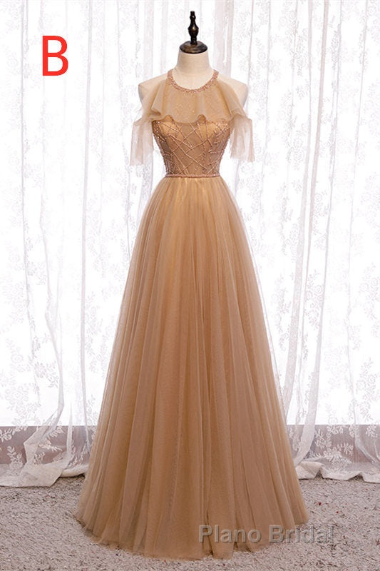 A-Line Beaded Champagne Tulle Bridesmaid Dresses