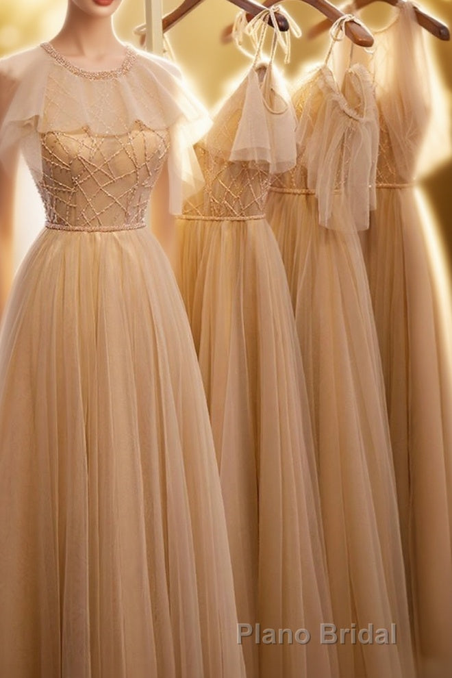 A-Line Beaded Champagne Tulle Bridesmaid Dresses Main image