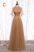 A-Line Beaded Champagne Tulle Bridesmaid Dresses