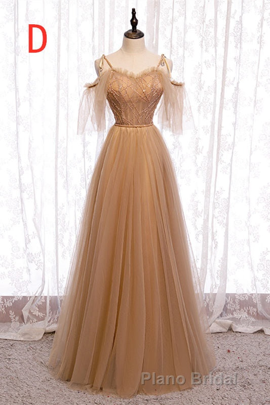 A-Line Beaded Champagne Tulle Bridesmaid Dresses