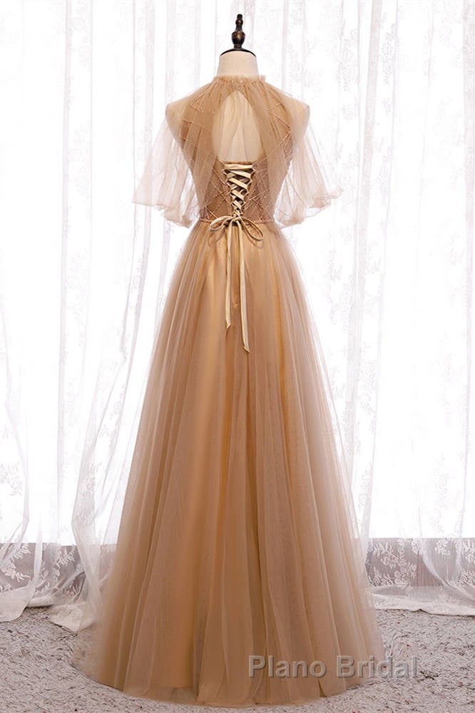 A-Line Beaded Champagne Tulle Bridesmaid Dresses