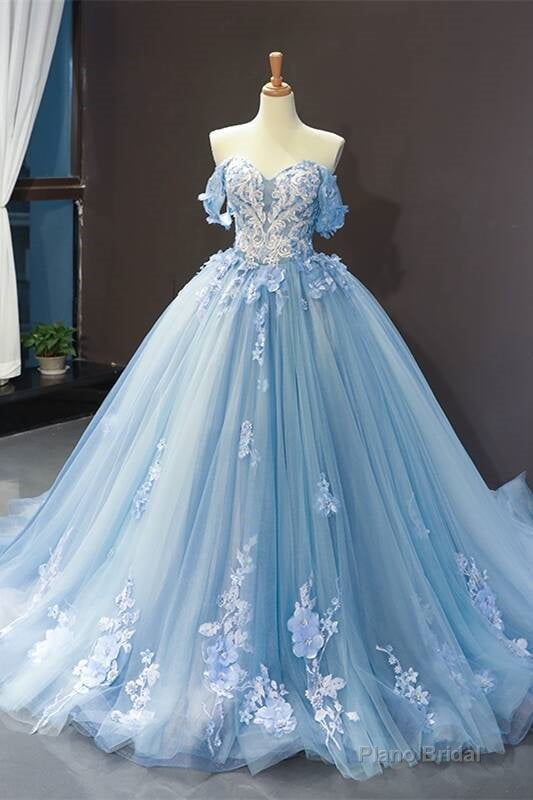 Off the Shoulder Blue Tulle and White Lace Appliques Ball Gown Main image